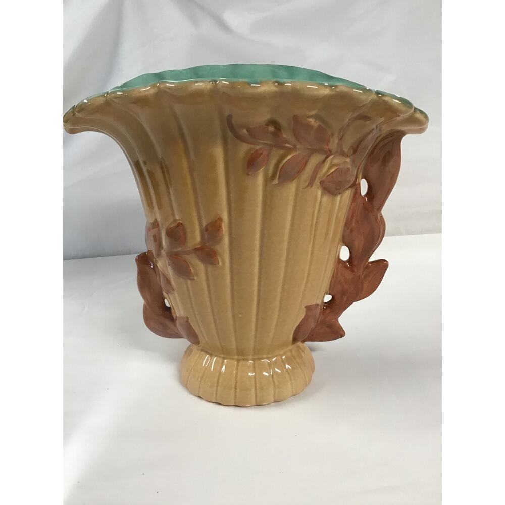 Red Wing Pottery Tan & Turquoise BrownLeaf Handled Fan Vase 1102 USA 8”Hx8”Lx5”W